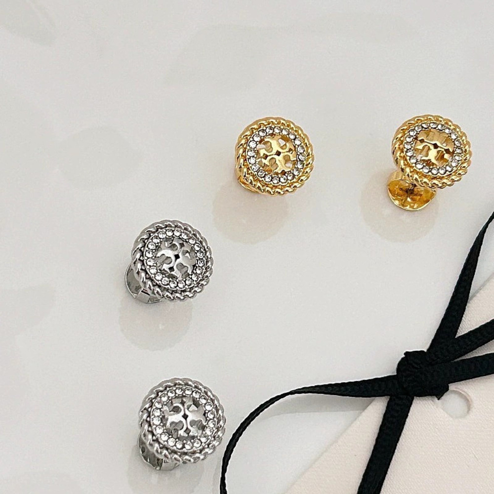 Tory Burch Geometric Hollow Round Zircon Stud Earrings Spiral Wheat